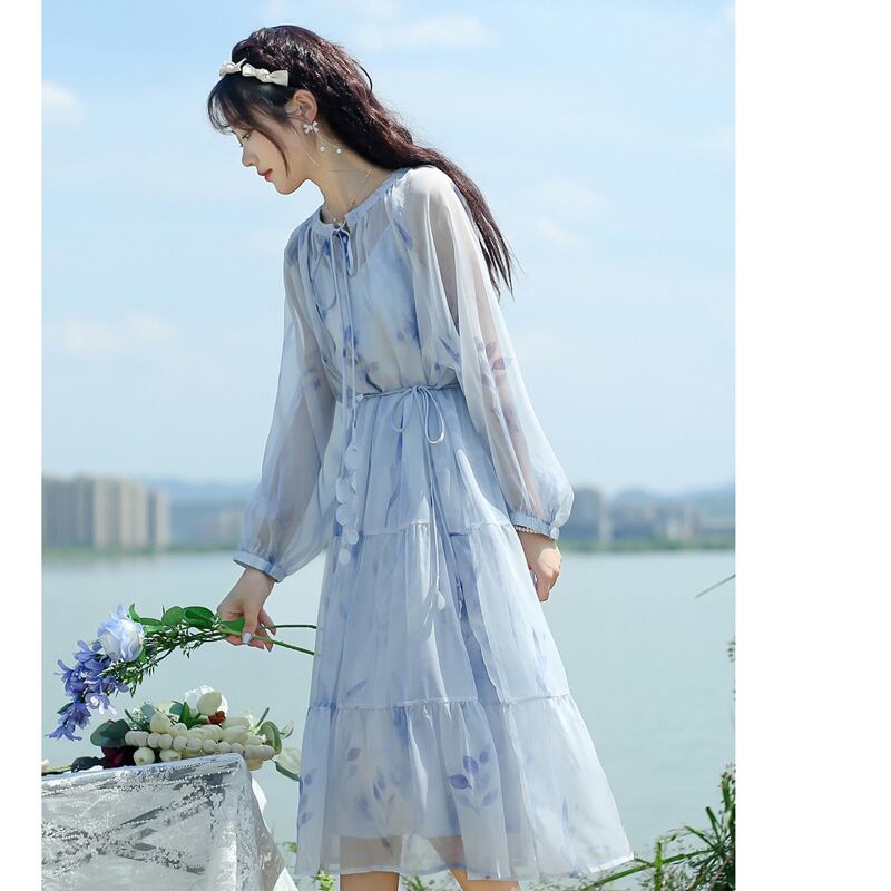 [Hakushu Series] ★2-piece dress set★ Hanging dress + long sleeve dress + chiffon Blue Blue Cute