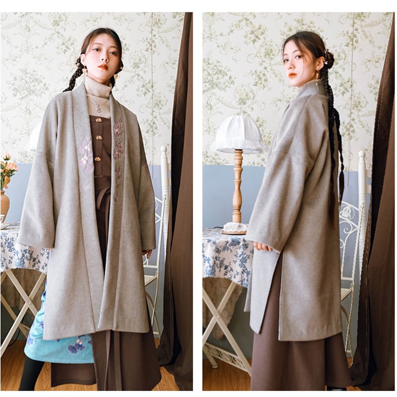 [Kokaisha --- Leaf Series] ★China style coat★ 2color embroidery outerwear long length Hanfu coat black gray