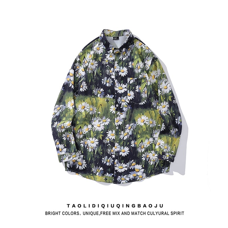 [Escape from Earth Series] ★Floral Pattern Shirt★ Long Sleeve Shirt Tops Unisex Men's ML XL 2XL Green Green Casual