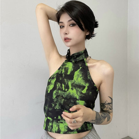 [Style Series] ★China style tops★ Camisole Tank Top Tie-dyed Easy to match Slimming Green Green