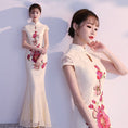 Load image into Gallery viewer, Chinese dress, party dress, dress, Chinese style clothing, girls' night out, reunion, stand neck, short sleeve, long length, maxi length, elegant, slimming, cute, large size, SML, XL, 2XL, improved Chinese dress, mermaid line, lace
