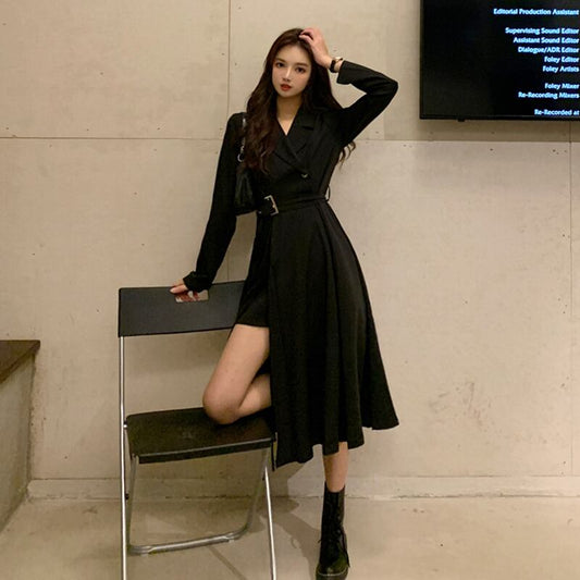 Long dress, irregular V-neck, slimming, black, super cheap, beautiful leg silhouette, fashion