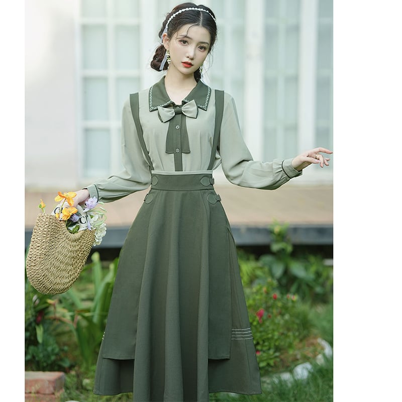 [Jonan Series]★Setup Single item order★ Shirt or hanging skirt Green Green Retro Cute Improves temperament