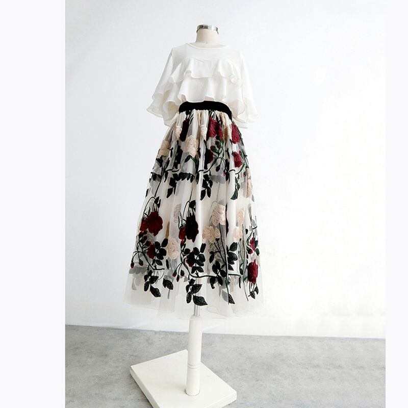 [Komii Series]★China embroidery skirt★Bottoms Lace Floral pattern skirt SML XL 2XL High waist Cute