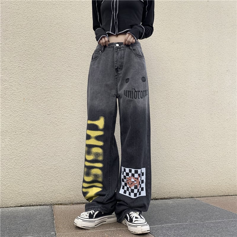 [CHAOHUO series] ★Denim pants★ Bottoms Unisex Check pattern Gray Gray Fashion S M L XL