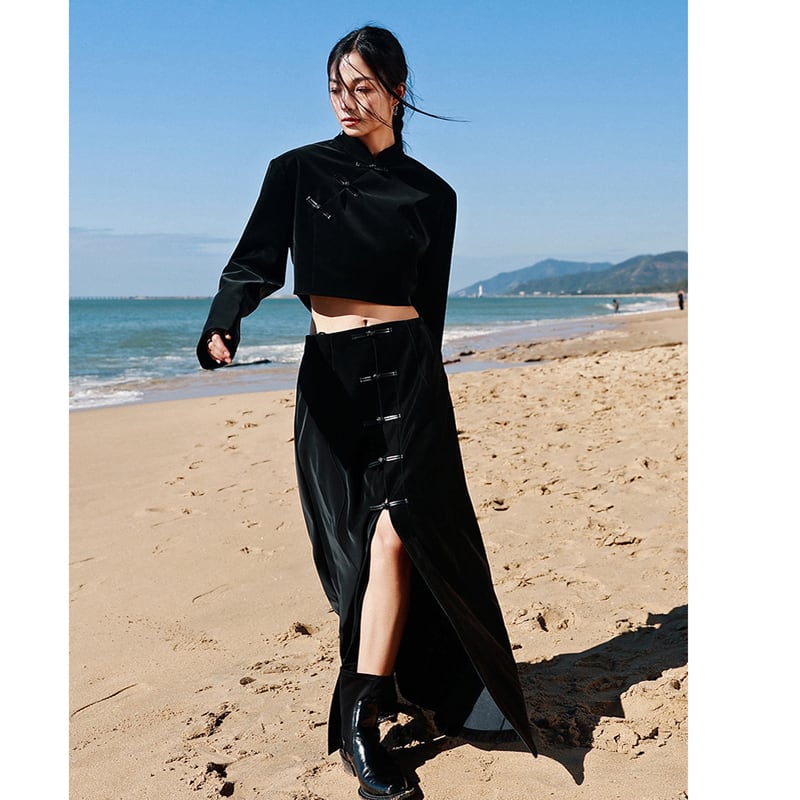 [Big Blue Dragon Series] ★China style skirt★ Bottoms Chinese button slit slimming black black