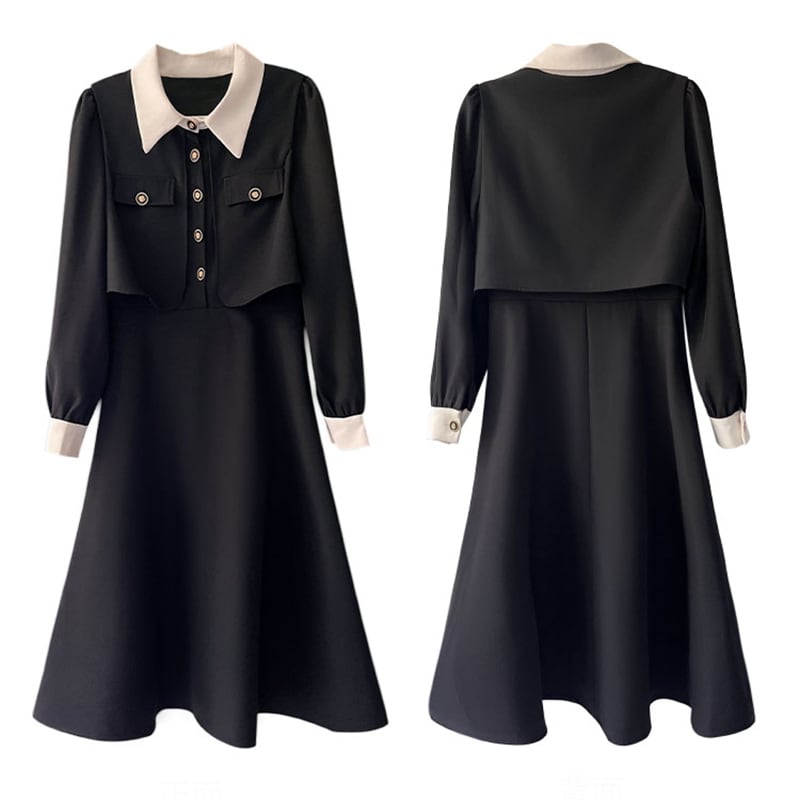 [LANXIAOMU Series] ★One Piece★ Switching Temperament Enhancement Long Sleeve Dress Long Sleeve Faux Layered Black