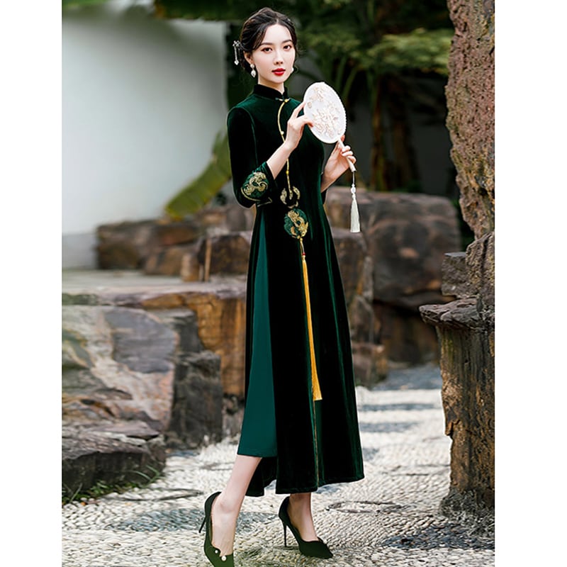 [ZHEZI series]★China dress★ 3color velvet embroidery large size long length green blue red