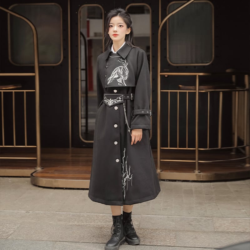 [Hanru First---Beisheng Series] ★China style coat★ Long outerwear with chain embroidery Black Black SML