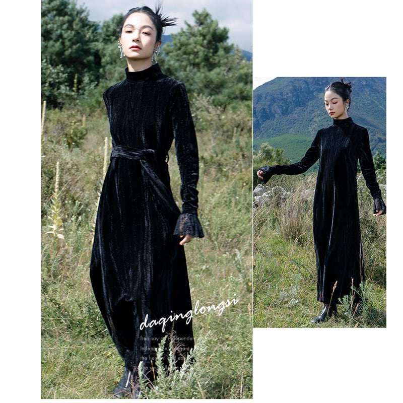 [Big Blue Dragon Series] ★China style dress★ Velvet changeover slimming black black slit