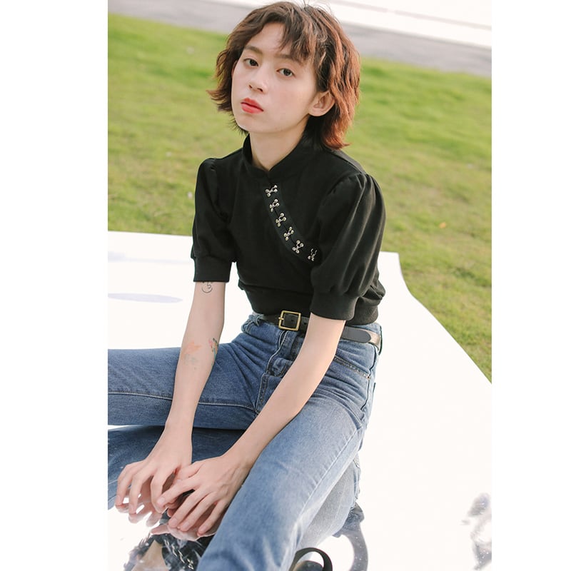 【楊二大夢シリーズ】★チャイナ風Tシャツ★ トップス 半袖 ブラック 黒い 着痩せ シンプル 中華服 夏服