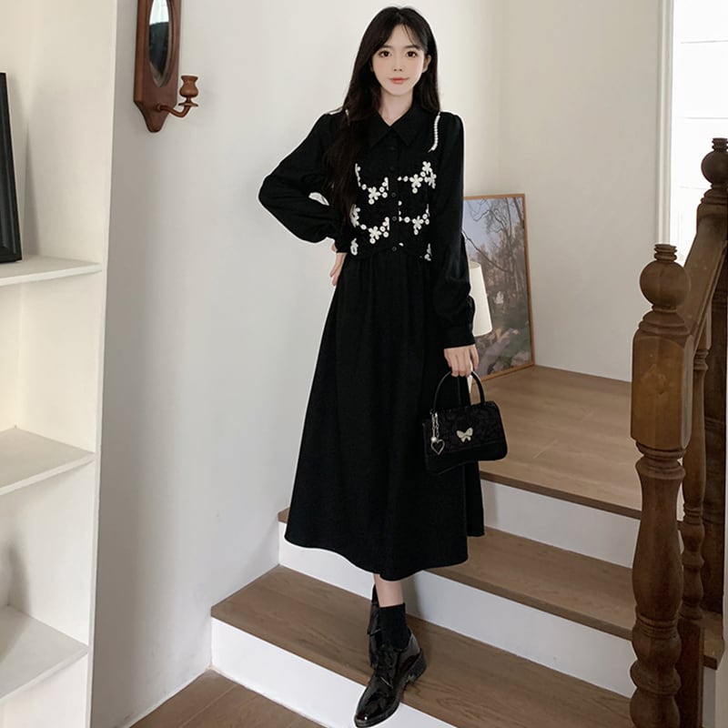 [CHUNYU Series] ★Dress★ Switchable long sleeve dress Floral pattern Black Black Large size Slimming and improving your temperament