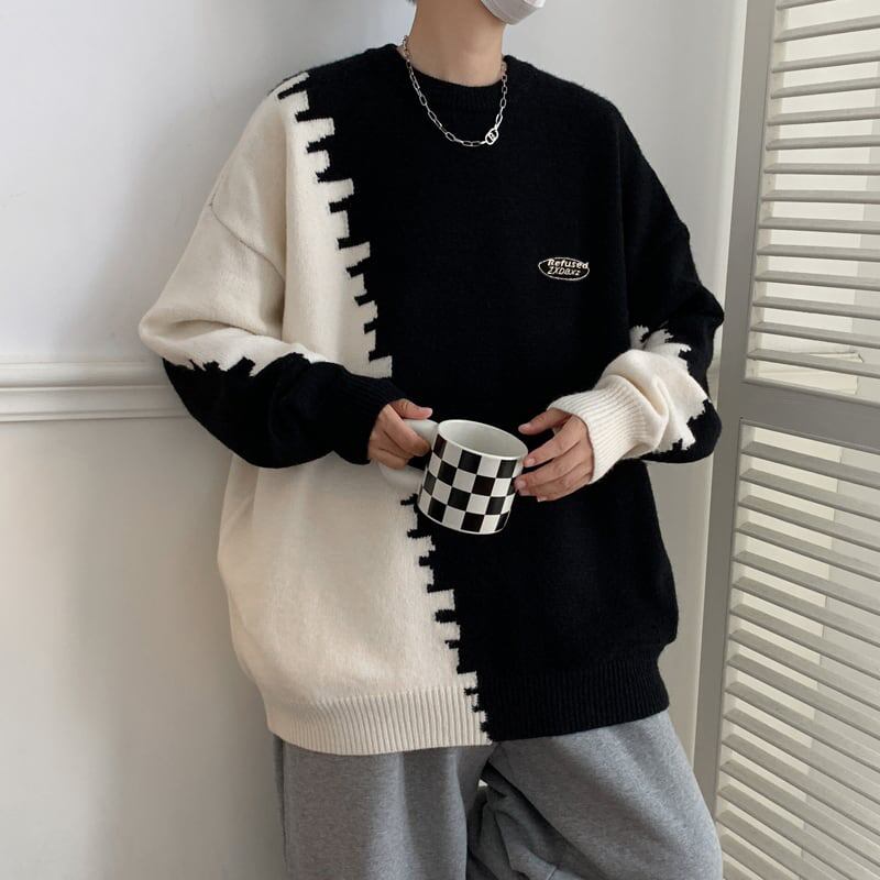 [Ruiweira Series] ★Sweater★ 3color knit tops Unisex Men's Color scheme Easy to match Black Gray Blue