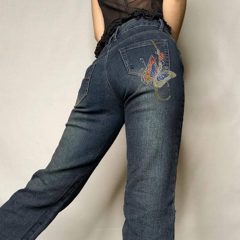 [ROCK MORE Series] ★Denim Pants★ Bottoms Butterfly Fashion Ladies Blue Blue SML Easy to match