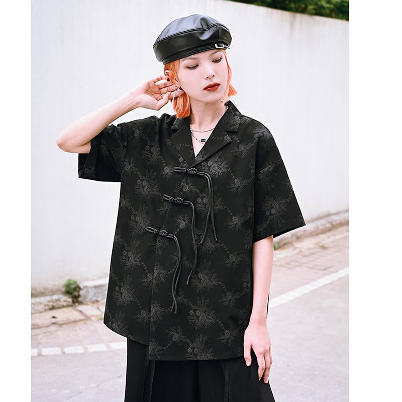 [Ancient monsters --- Ink series] ★China style shirt★ Tops Short sleeve shirt Black Black China button