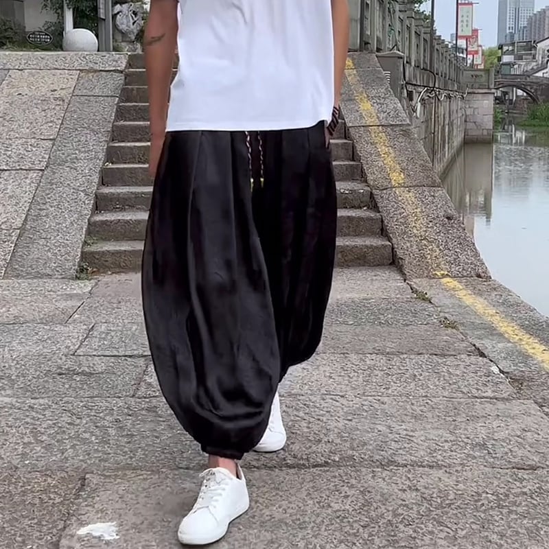 [YISHUO Series]★China Style Pants★Casual Pants Print Unisex Men's Black Black