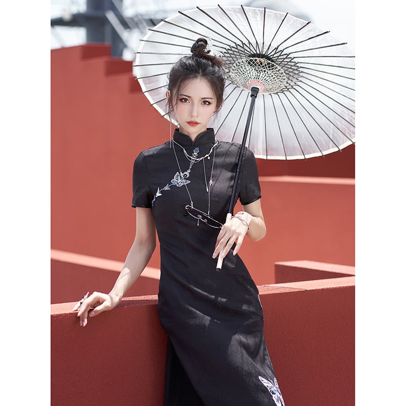 [Qingtang --- Skeleton Butterfly Series] ★Cheongsam dress★ Chinese style dress embroidery short sleeve slimming Chinese clothes butterfly