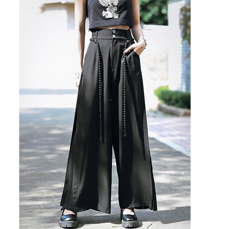 [Ancient monster---Long wind series]★China style pants★Bottoms Gaucho pants with belt Black Black