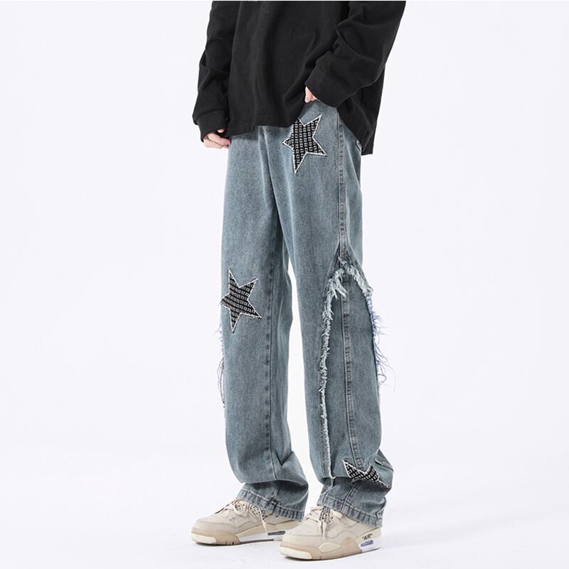 [TUNXI series] ★Denim pants★ 2color bottoms, unisex, men's, star, casual, slimming, large size