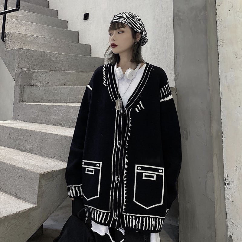 [Modern People Series]★Cardigan★ 2color Tops Sweater Outerwear Unique Black Black Harajuku Style