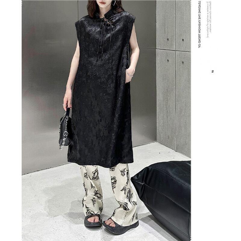 [YIDAO Series] ★China-style dress★ Chinese dress Black Black improved cheongsam dress Slit