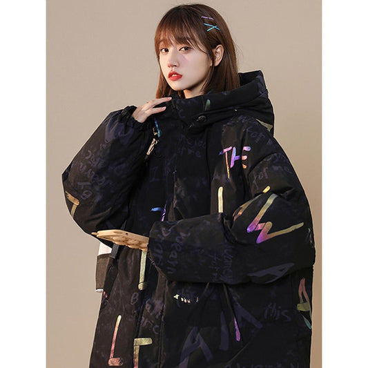 [Ushiomiomi Series] ★Winter Coat★ Cotton Coat Outerwear 2color Unisex Men's Graffiti Alphabet Black