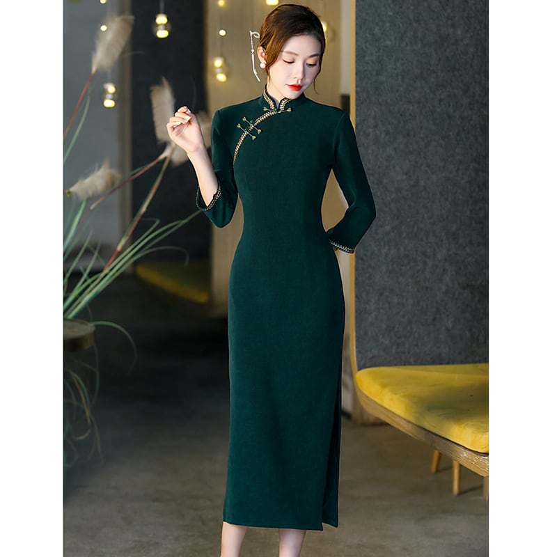 [Embroidery Series]★Cheongsam dress★ Dress, large size, long length, green, slimming, improving temperament