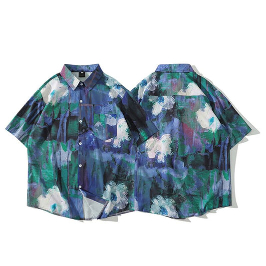 [TRAVEL ISSUANCE series]★Oil painting style shirt★ Tops Short sleeve shirt Spring/summer ML XL 2XL Unisex Men's V-neck Blue Green