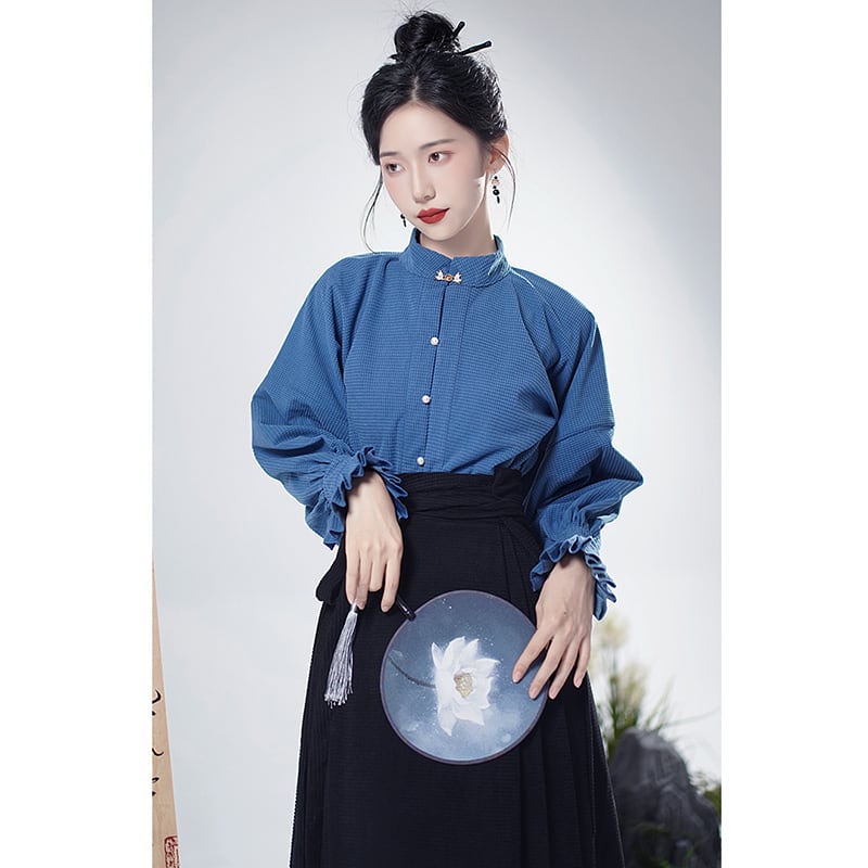 [WUJIA Series]★China style shirt★ Tops Long sleeve shirt Improves temperament Blue Blue Easy to match S M L XL