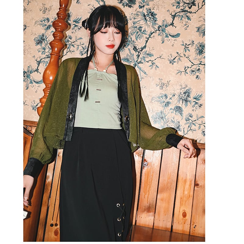 [Kokaisha---Kiritoki Series] ★China style outerwear★ 2color happi coat original chiffon black green SML