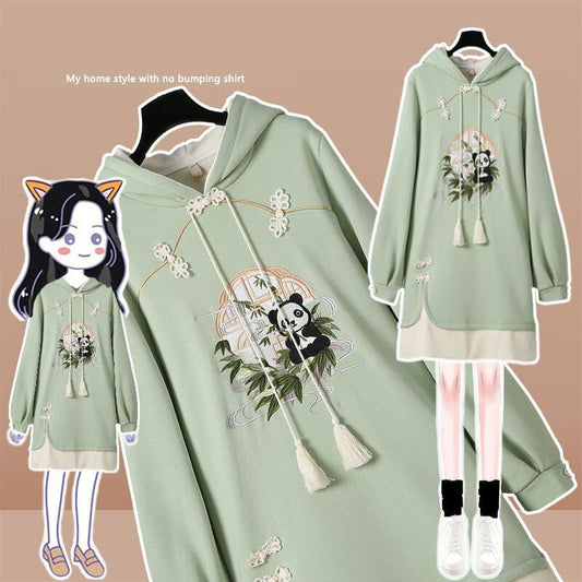 [Shogai Tadashi Cat Series] ★China style dress★ 2color embroidered panda Color scheme Retro ML XL 2XL 3XL Green Beige