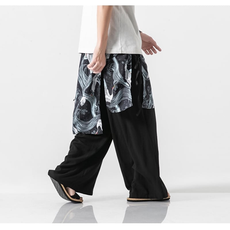 [Grass ink series] ★China style pants★ 4color black or white or blue or navy men's gaucho pants gaucho crane