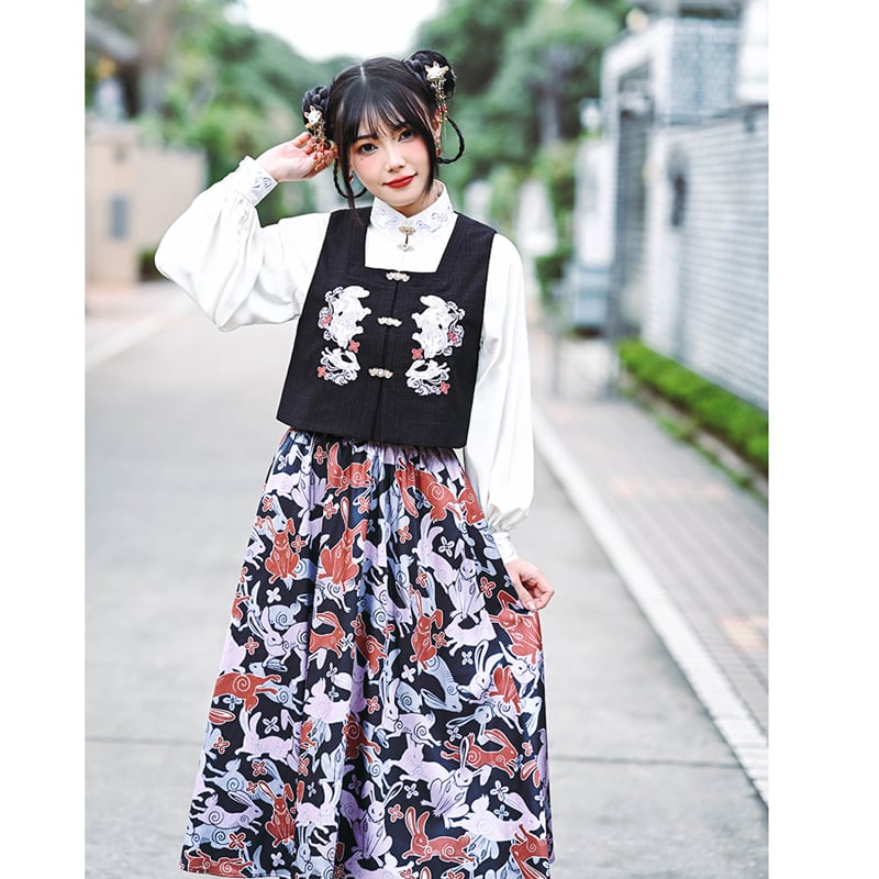 [Ancient monster house --- Rabbit series] ★China style skirt★ Bottoms print rabbit rabbit original SML