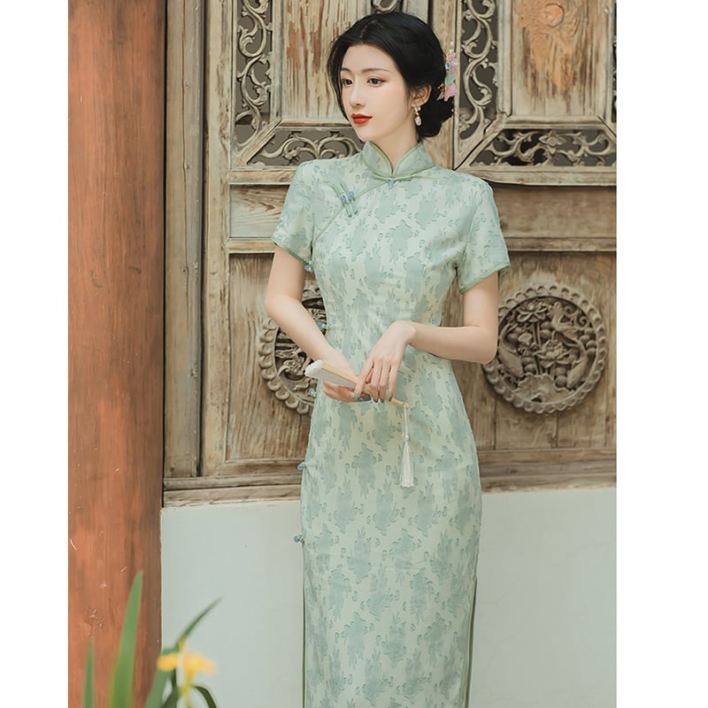 [Queen Series] ★China-style dress★ Improved cheongsam dress Improves temperament Short sleeves Green Green S M L XL