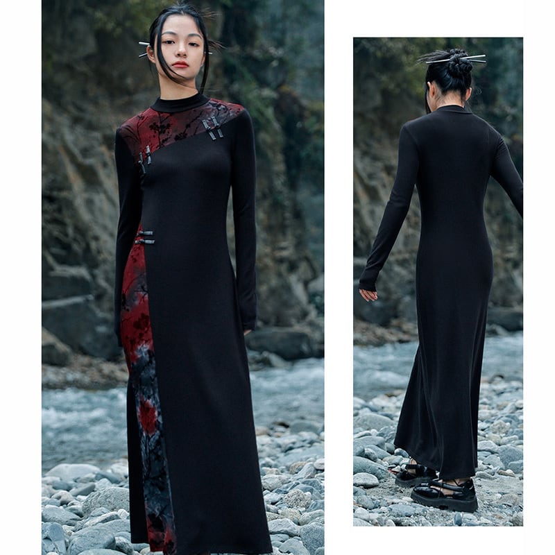 [Daiseiryusu series] ★China style dress★ Knit dress, changeover, Chinese button, slim fit, slim