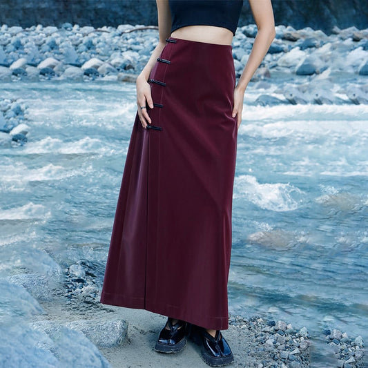 [Da Qinglong Shu Series]★China style skirt★ PU skirt China button red red Chinese clothes slimming slit