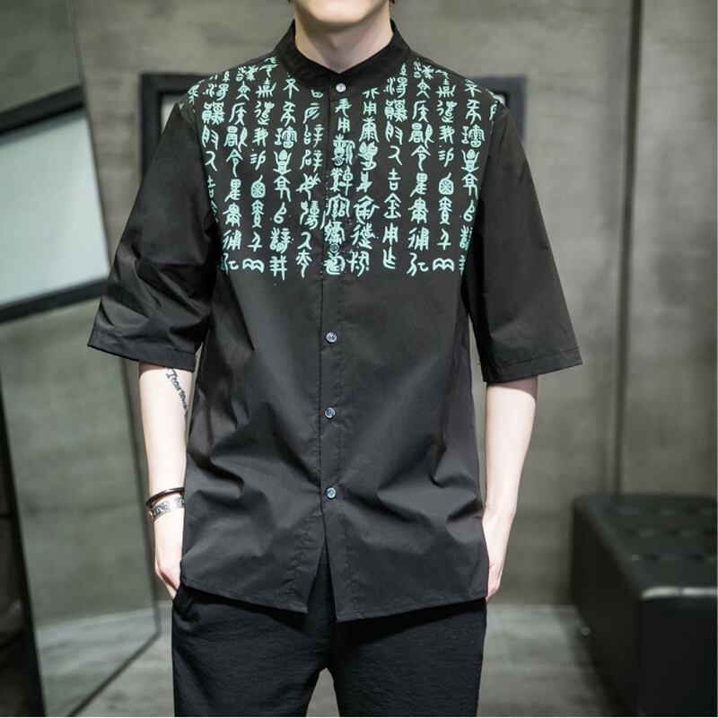 [YISHUO Series]★China style shirt★ Tops Unisex Men's Large size Letter pattern Black Black