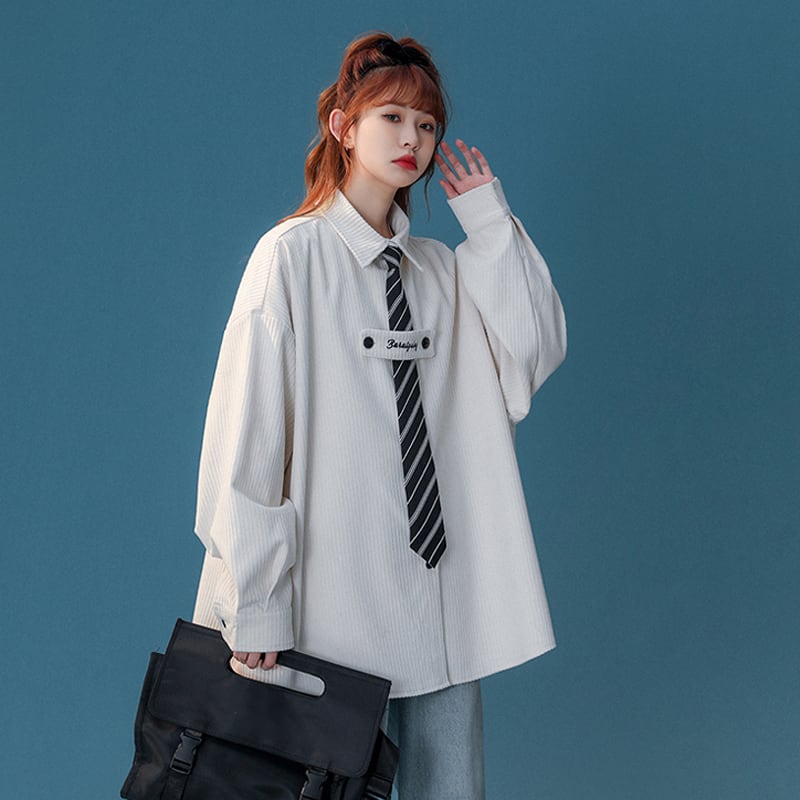 [Fujiiman Series]★Shirt with tie★ 3color Unisex Men's Long Sleeve Tops Autumn Clothes White Black Yellow