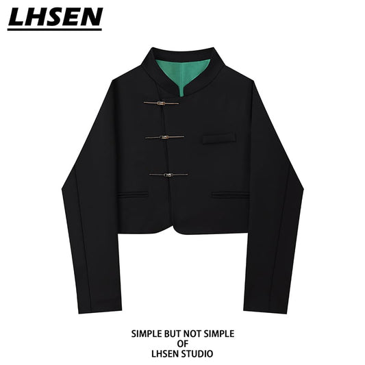 [LHSEN Series]★China style blazer★ Outerwear, short length, design, black, SML, retro, slimming