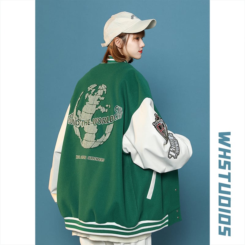 [Fujiman series] ★Jacket★ 3color outerwear stadium jacket unisex men's black green blue color scheme ML XL 2XL