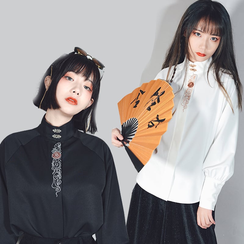 [Kokaisha Series] ★Chinese-style shirt★ Tops 2 colors Original Embroidery Stand-up collar White Black