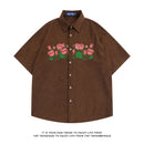 [FANMAN Series]★Shirt★ 2color Tops Short Sleeve Shirt Unisex Men's Embroidery Rose Brown Navy