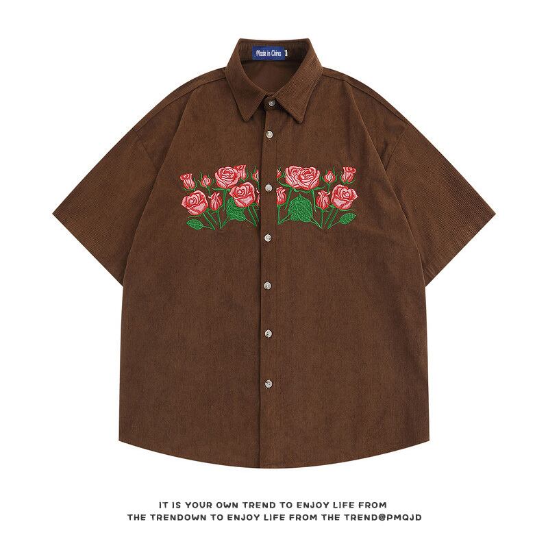 [FANMAN Series]★Shirt★ 2color Tops Short Sleeve Shirt Unisex Men's Embroidery Rose Brown Navy