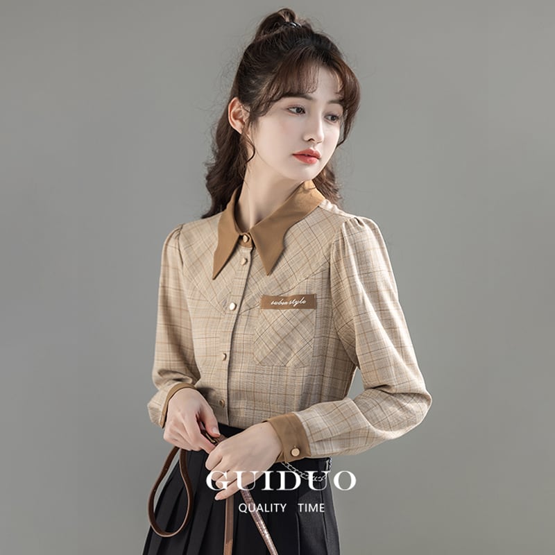 [GUIDUO Series]★Shirt★ Tops, long sleeve shirt, plaid pattern, women's, improves temperament, color scheme, easy to match, brown