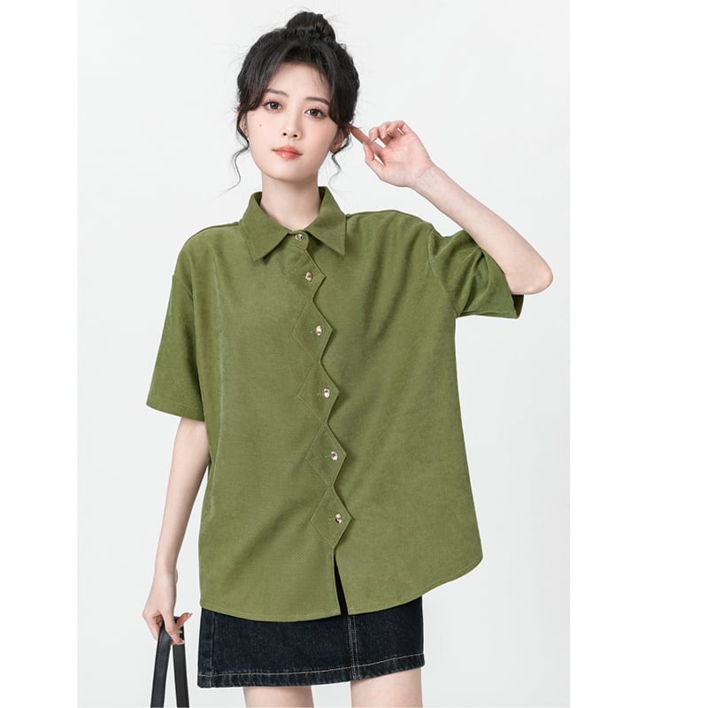 [WEIWU Series]★Shirt★ Tops Designed Women's Short Sleeve Fashion SML Green Green