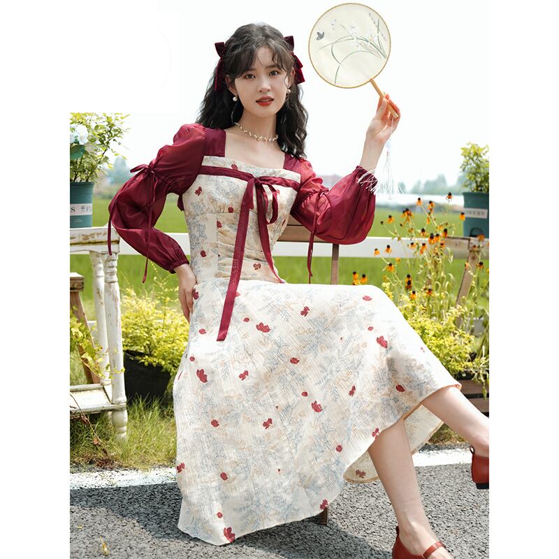 [JIGUJIGU series] ★China style dress★ Switching ribbon, large size, improves temperament, commuting, date, red, red, floral pattern