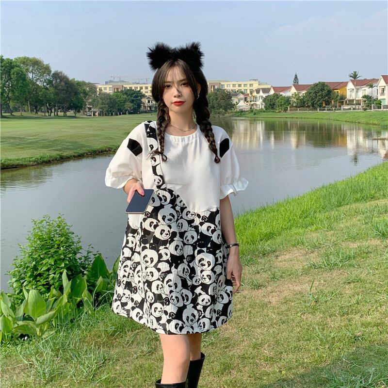 [Left Sister Series] ★One Piece★ Panda Super Cute Loose Round Neck Short Sleeve Short Length Switchable