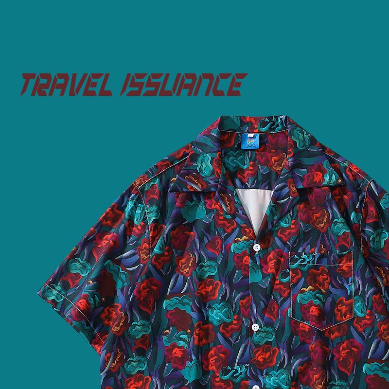 【TRAVEL ISSUANCEシリーズ】★油絵風シャツ★ トップス 半袖シャツ 春夏 M L XL 2XL 男女兼用 メンズ Vネック 花柄