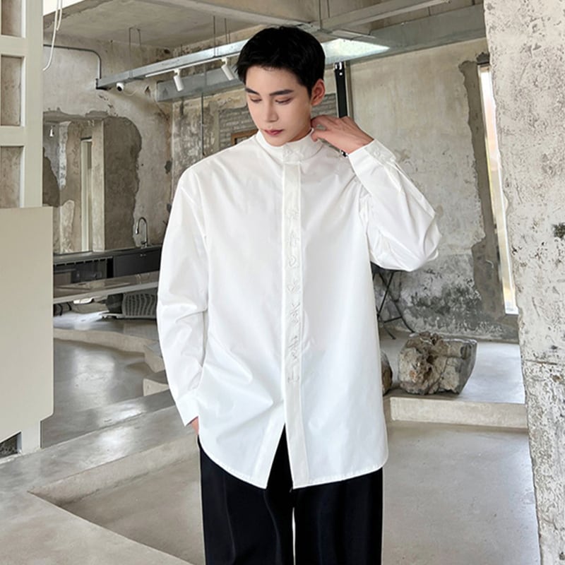 [Illustrated series] ★China style shirt★ 2color embroidery tops unisex men's black white lettering pattern