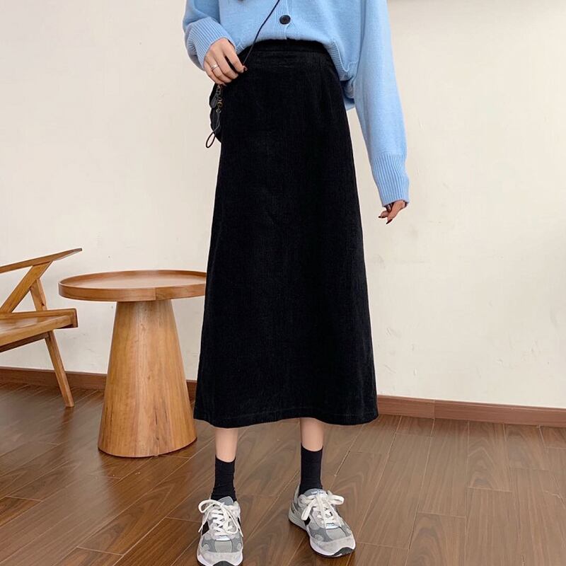 [Left Little Sister Arrival Series] ★Long length skirt★All 4 colors corduroy fabric Plain A-line Beautiful line High waist